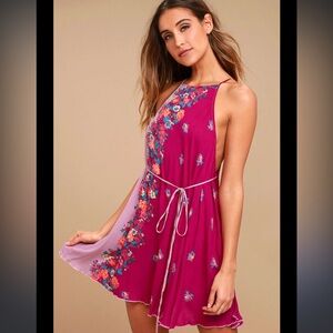 Free People Size Small It's a Cinch Magenta Floral Print Dress Bohemian Beach